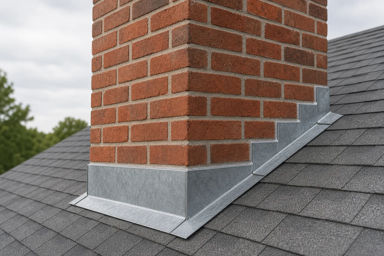 Leaning chimney repair after: new counterflashing set into the mortar joint and repointed brick at the same roofline