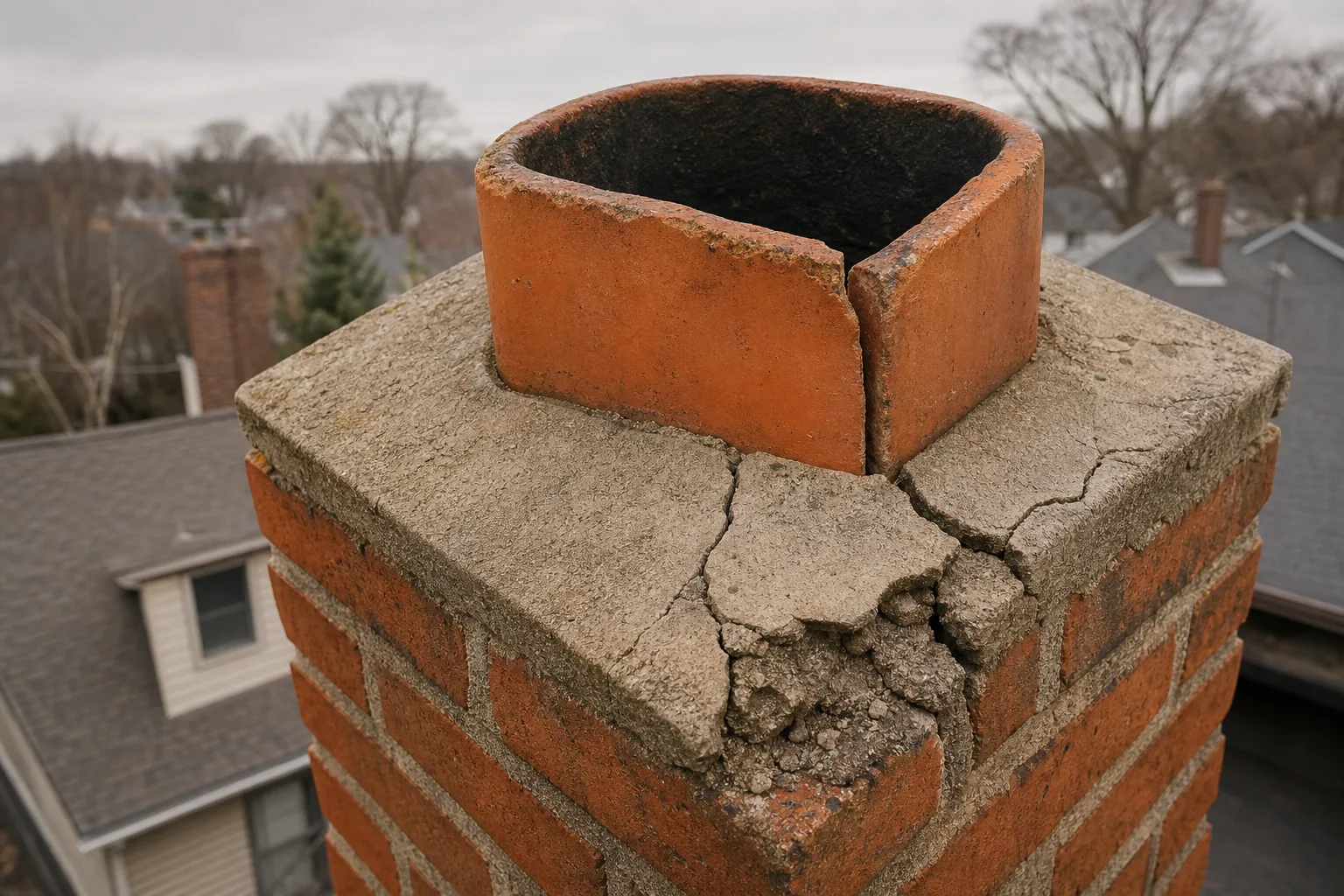 Leaning chimney repair and the flue: cracked crown with a displaced terracotta clay flue tile at the top of the stack