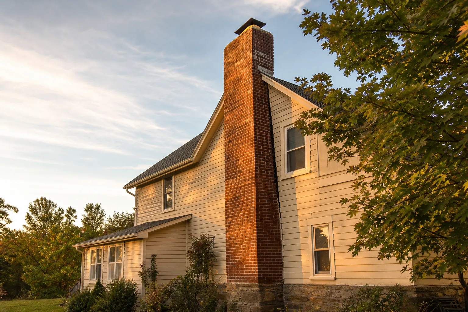 Leaning chimney repair: brick stack pulling away from the siding with a widening gap at the roofline