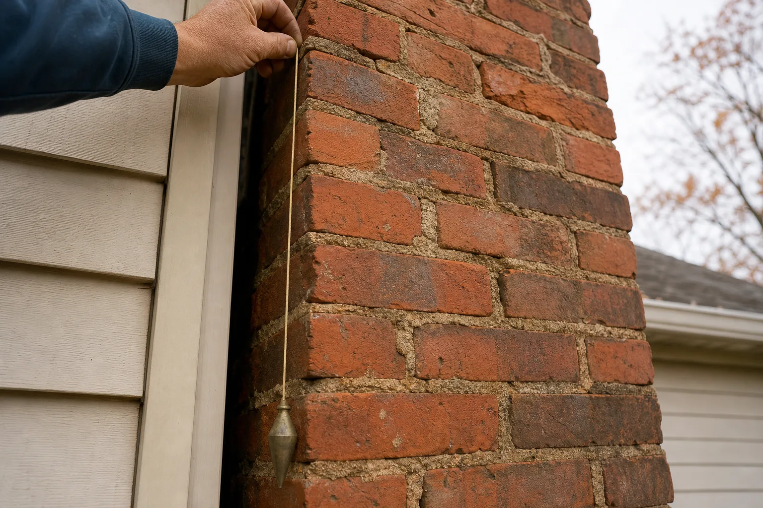 Leaning chimney repair starts with measuring: a plumb line hanging against a brick stack that is out of vertical