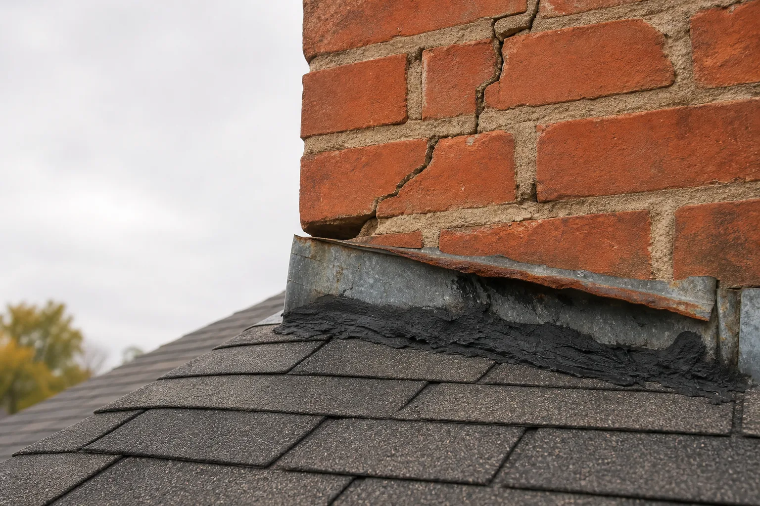 Leaning chimney repair before: pulled counterflashing, tarred seam and washed out mortar joints at the roofline