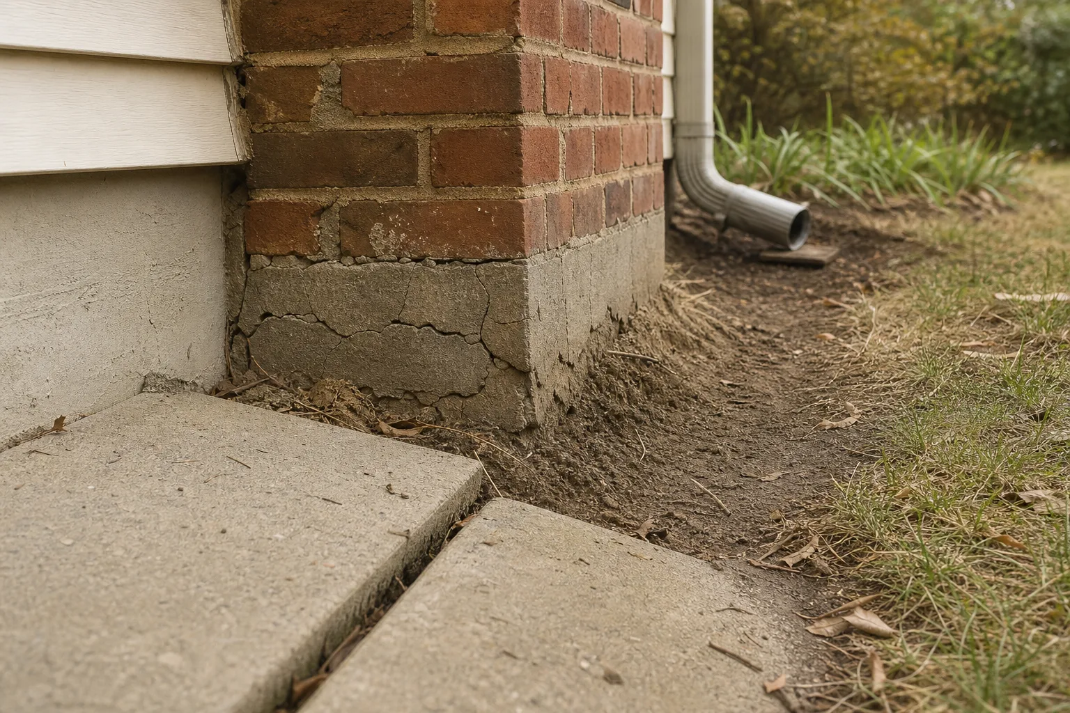 Leaning chimney repair causes: settled walkway slab, cracked parging and a downspout discharging at the chimney base