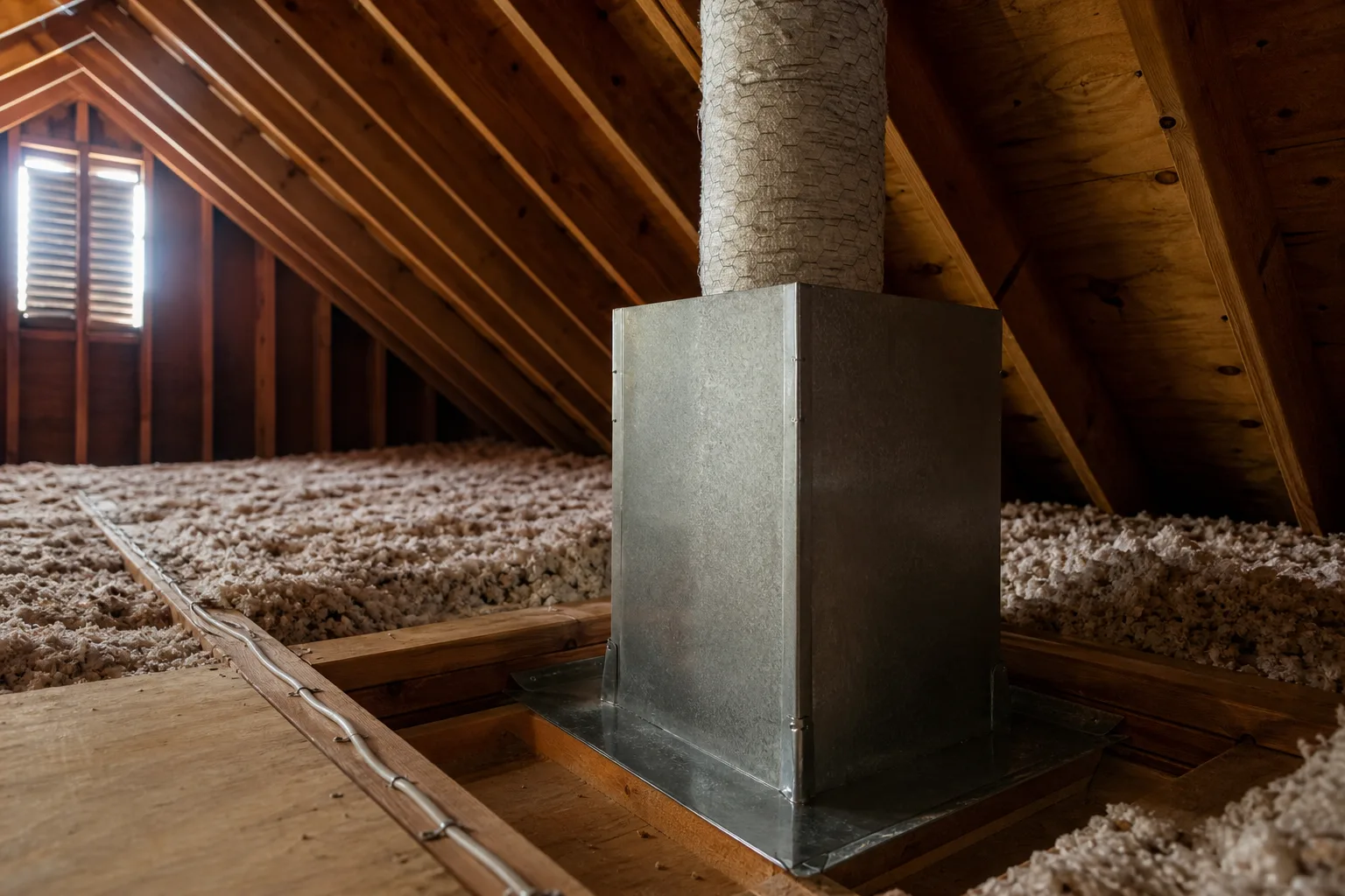 Class A chimney pipe passing through an attic insulation shield between ceiling joists