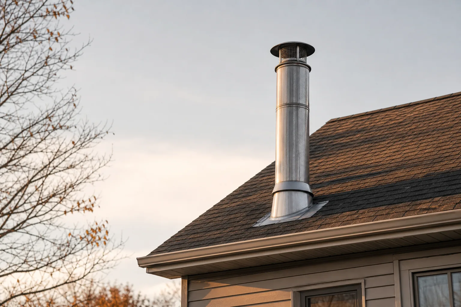 Class A chimney pipe rising through the shingled roof slope of a house at golden hour