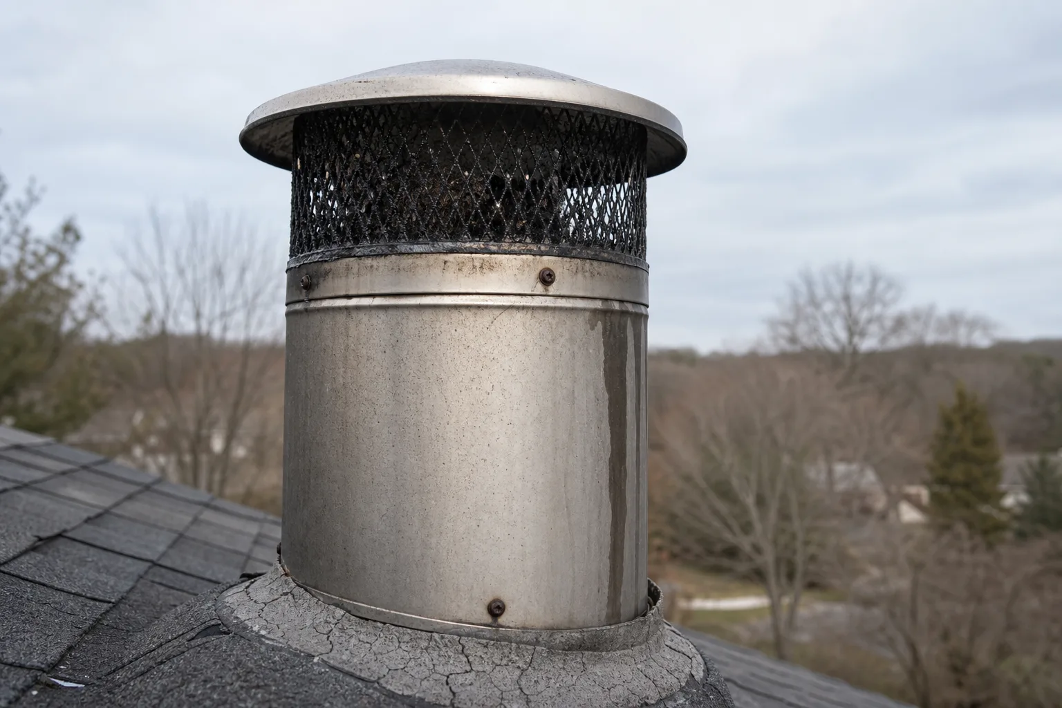 Class A chimney pipe cap in typical worn condition with a soot-darkened spark screen