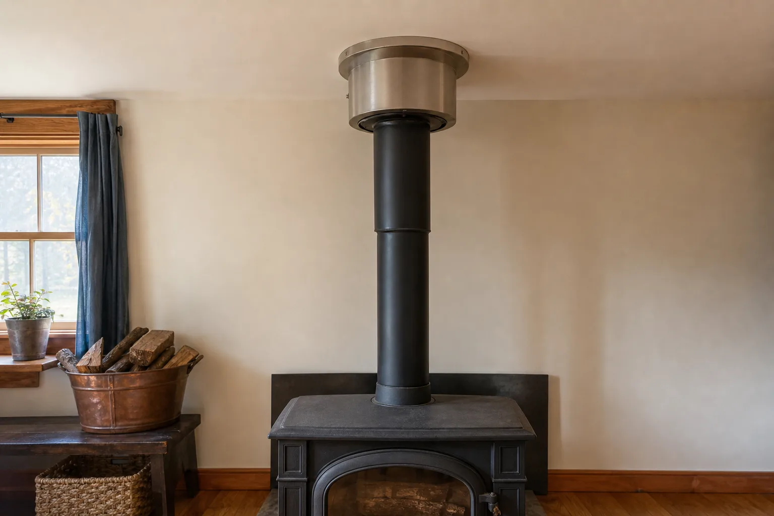 Class A chimney pipe beginning at the ceiling support box collar above a black stove pipe