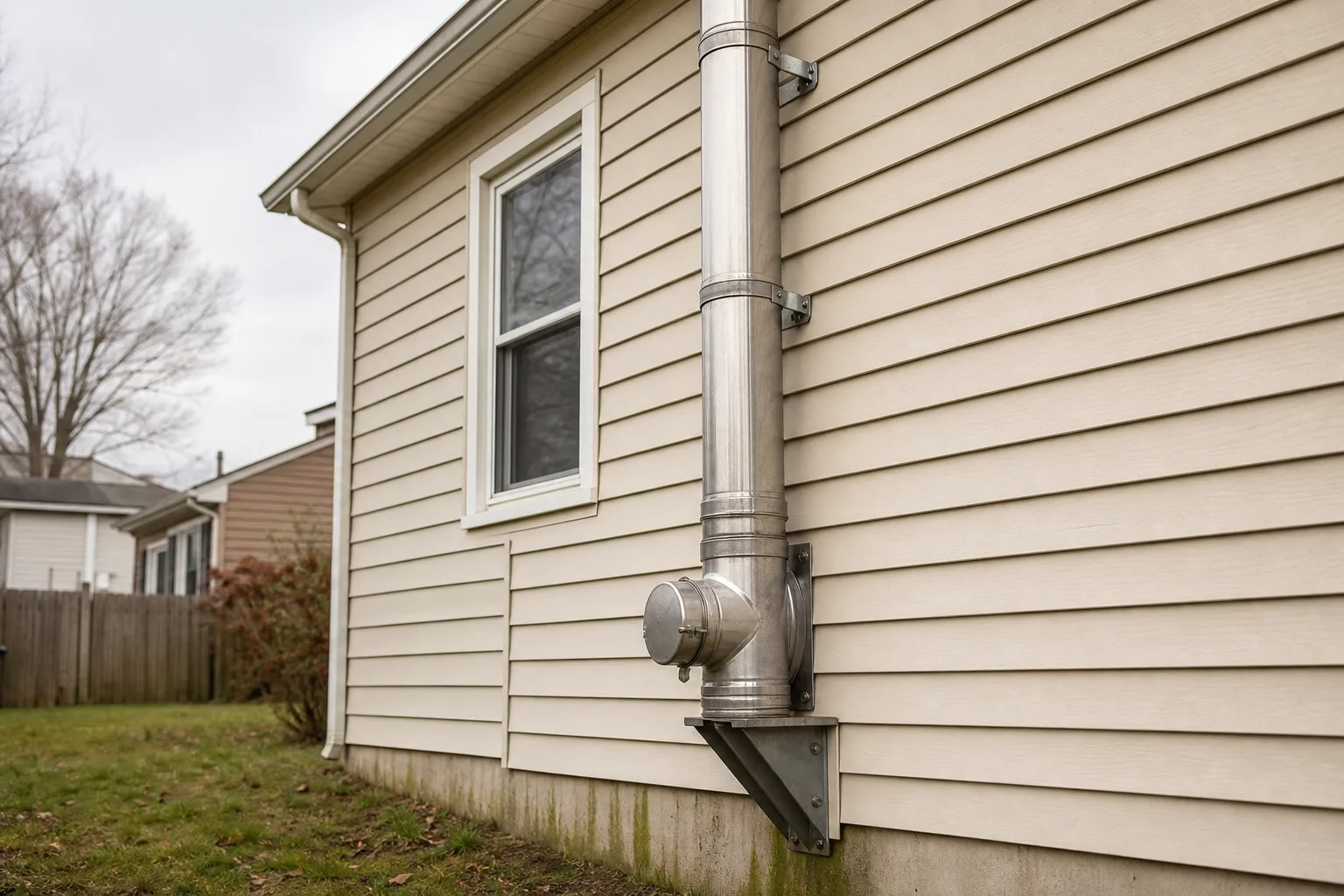 Class A chimney pipe running up an exterior house wall with a cleanout tee at the base