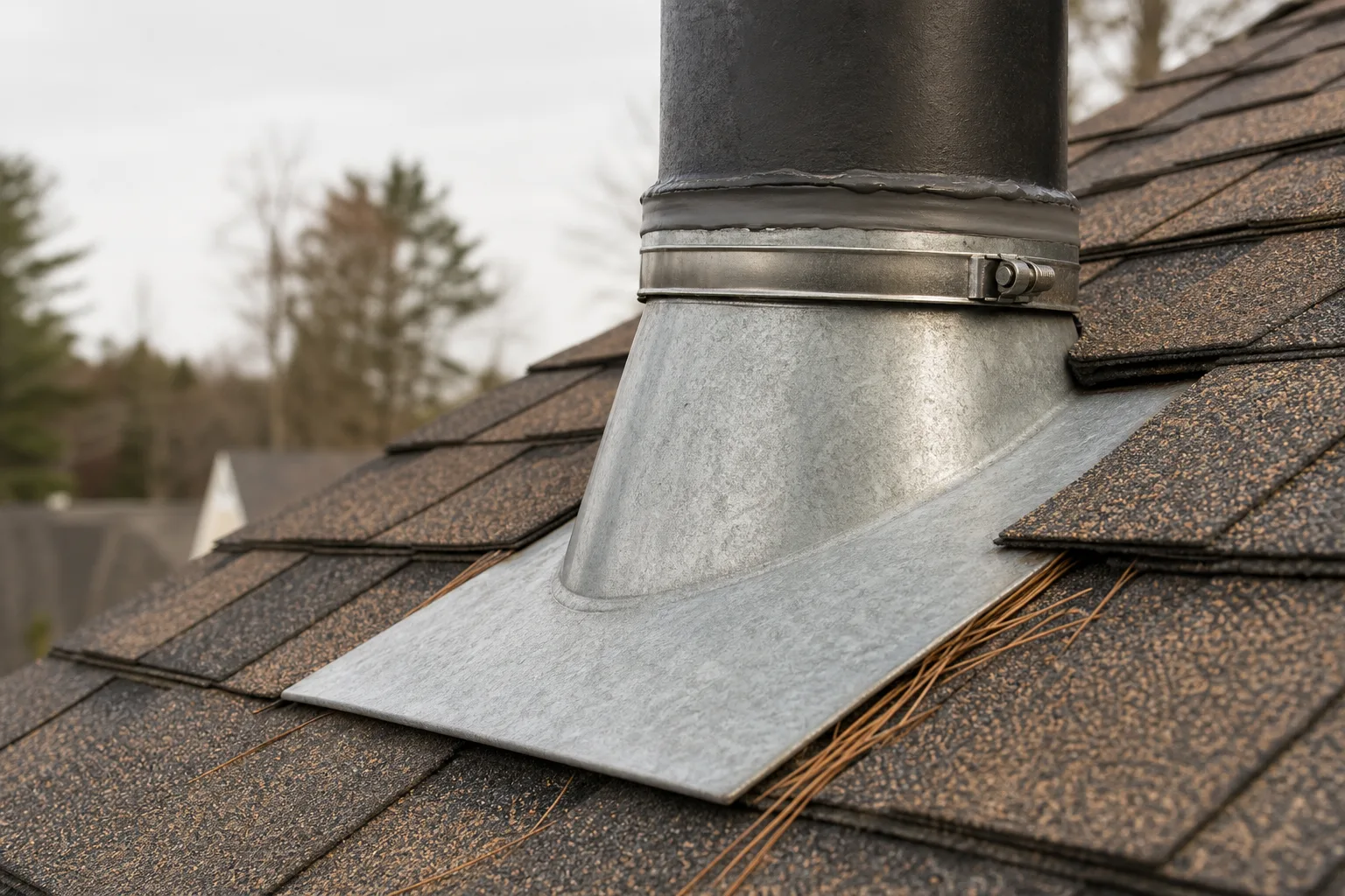 Class A chimney pipe roof penetration with flashing and a sealed storm collar