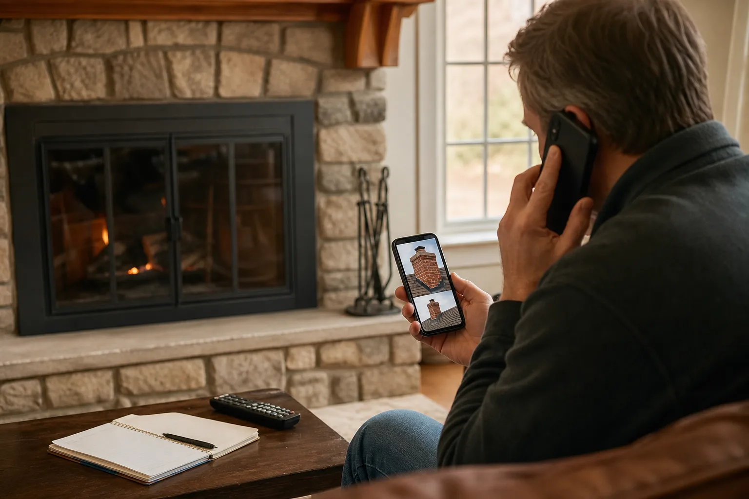 Gas fireplace technician discussing model photos with a homeowner before booking service