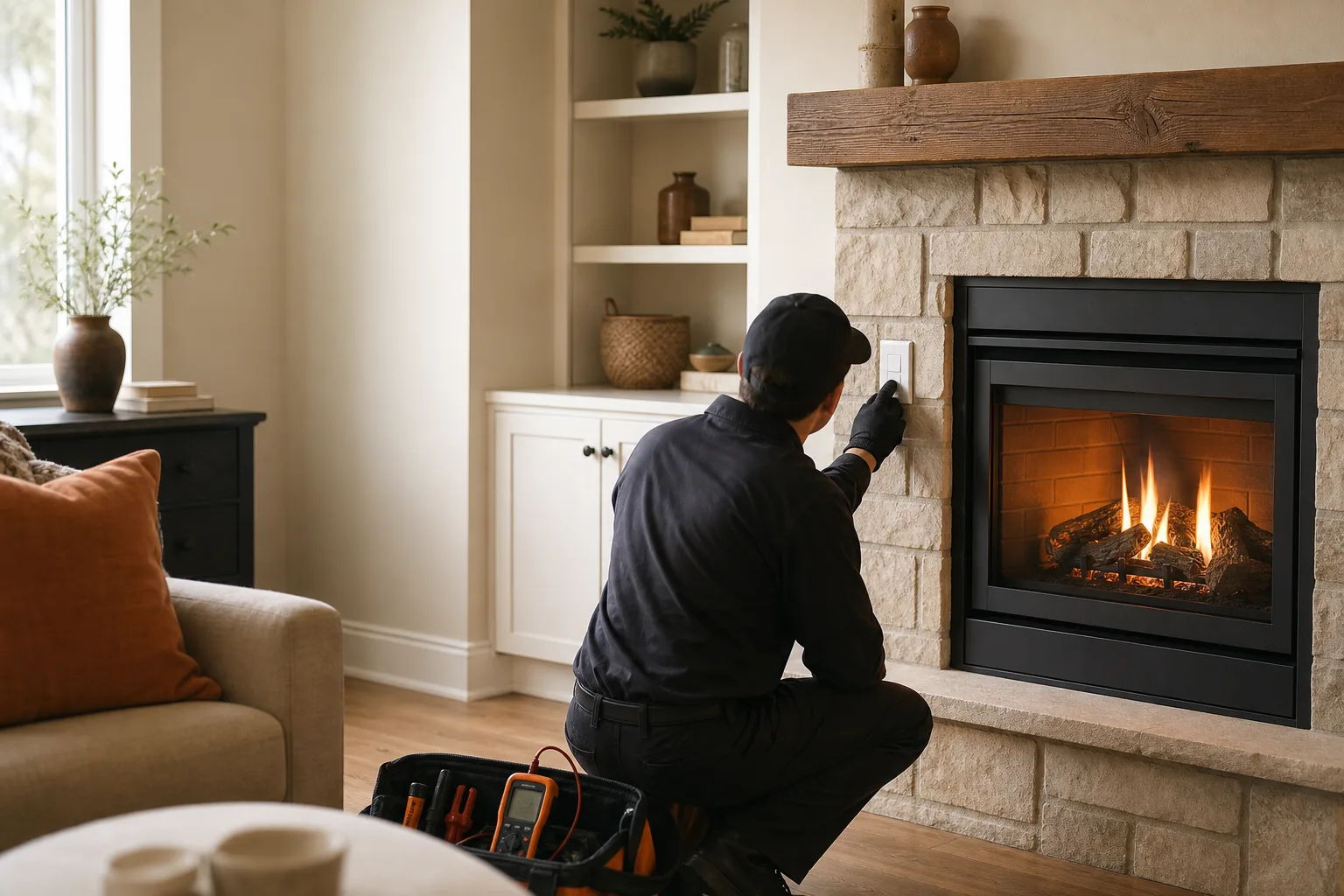 Gas fireplace diagnostic visit with a technician testing the burner and controls