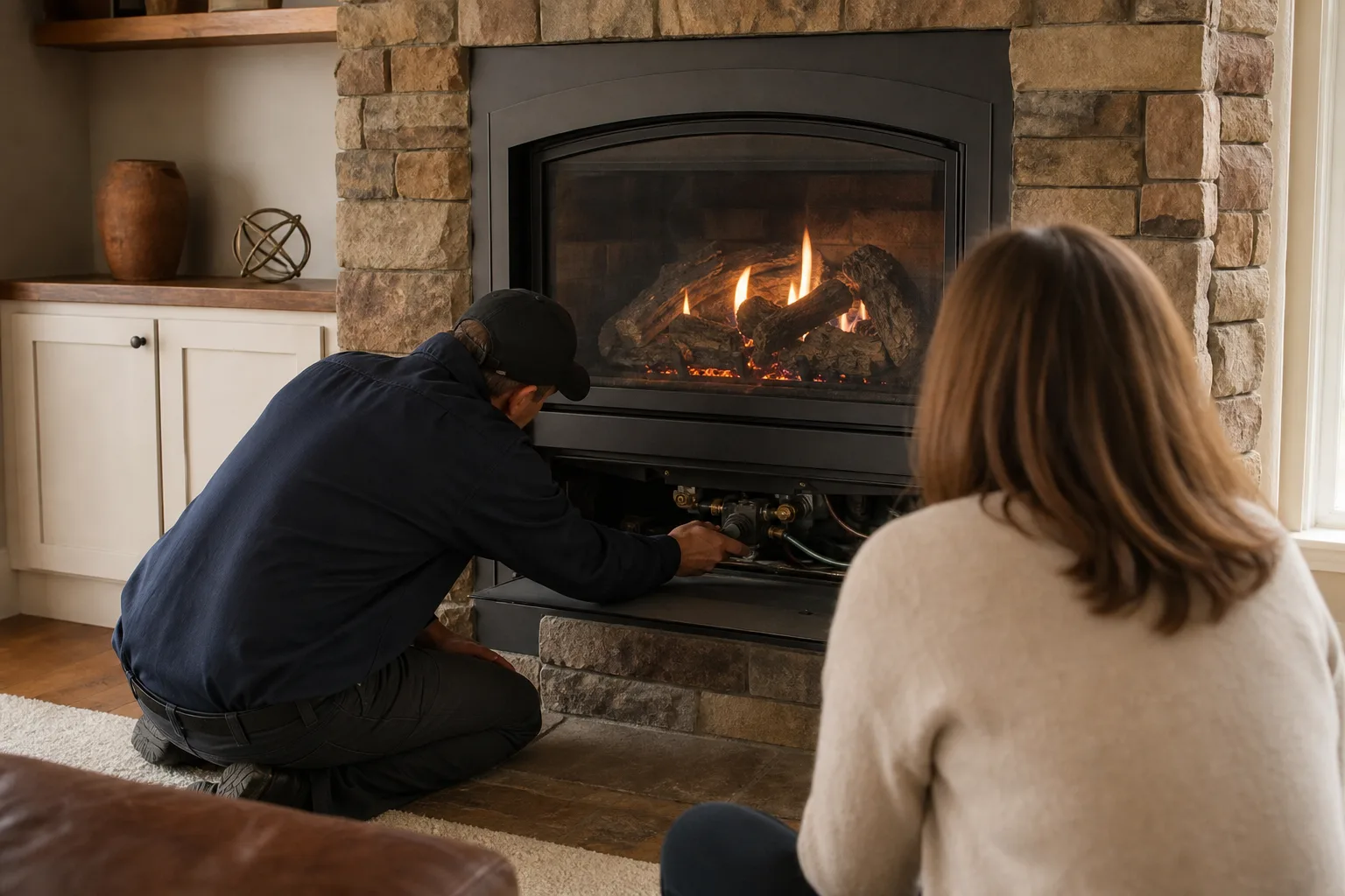 Gas fireplace repair specialist checking the rating plate behind an access panel