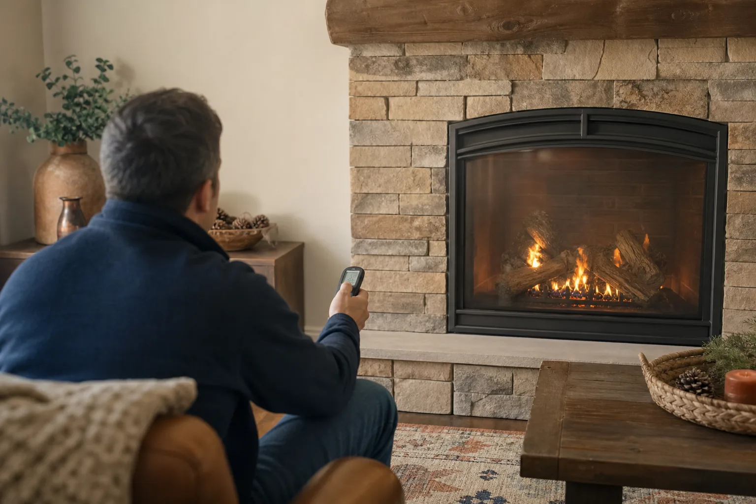 Gas fireplace troubleshooting with a homeowner safely observing the pilot flame