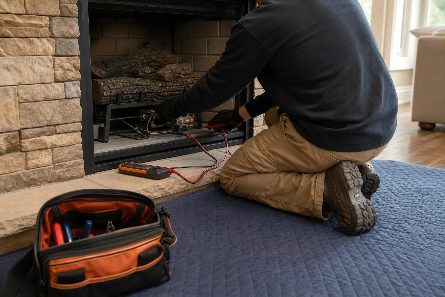 Gas hearth technician testing ignition controls inside a residential fireplace