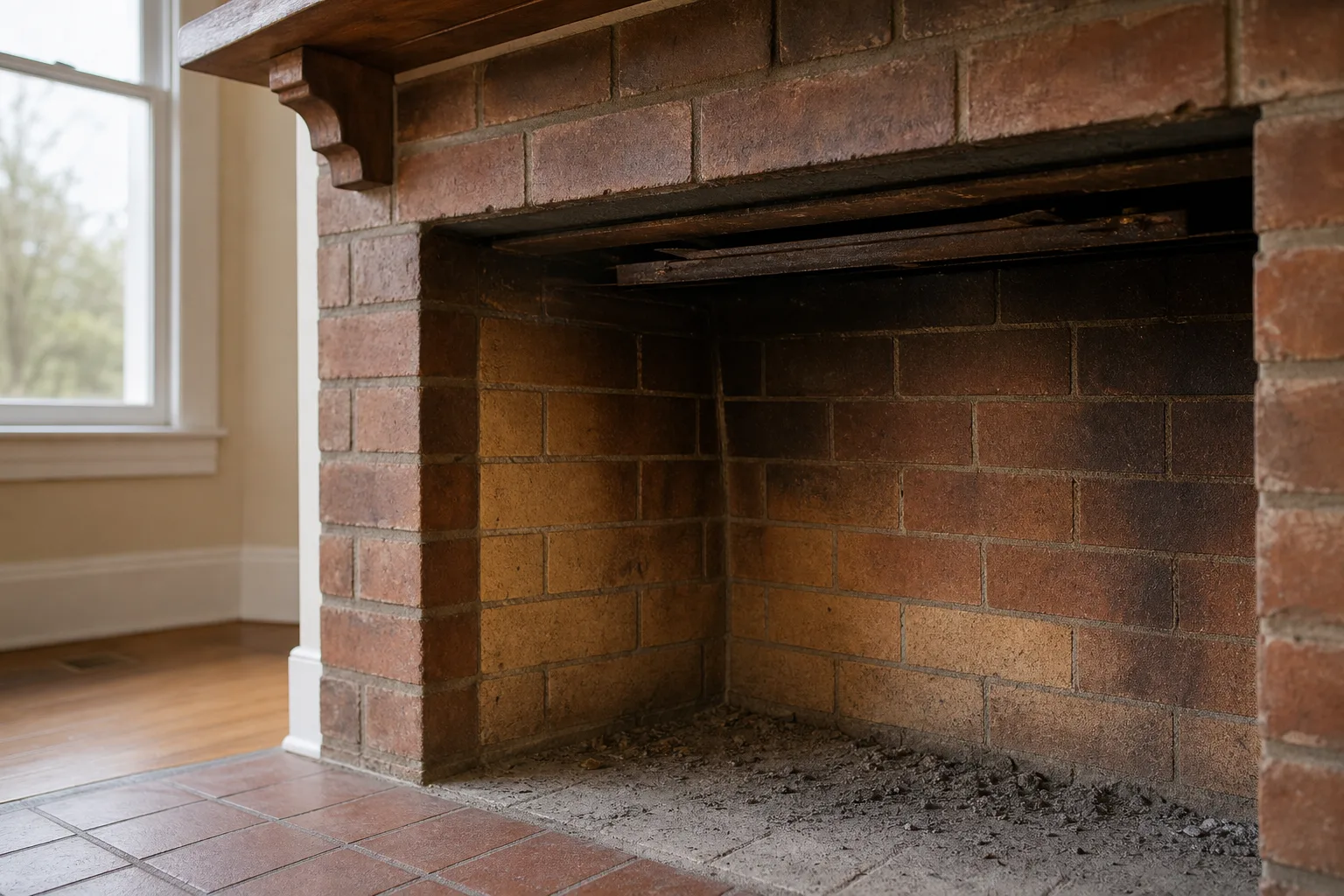inside of a chimney firebox showing firebrick walls, mortar joints and the damper in the throat above