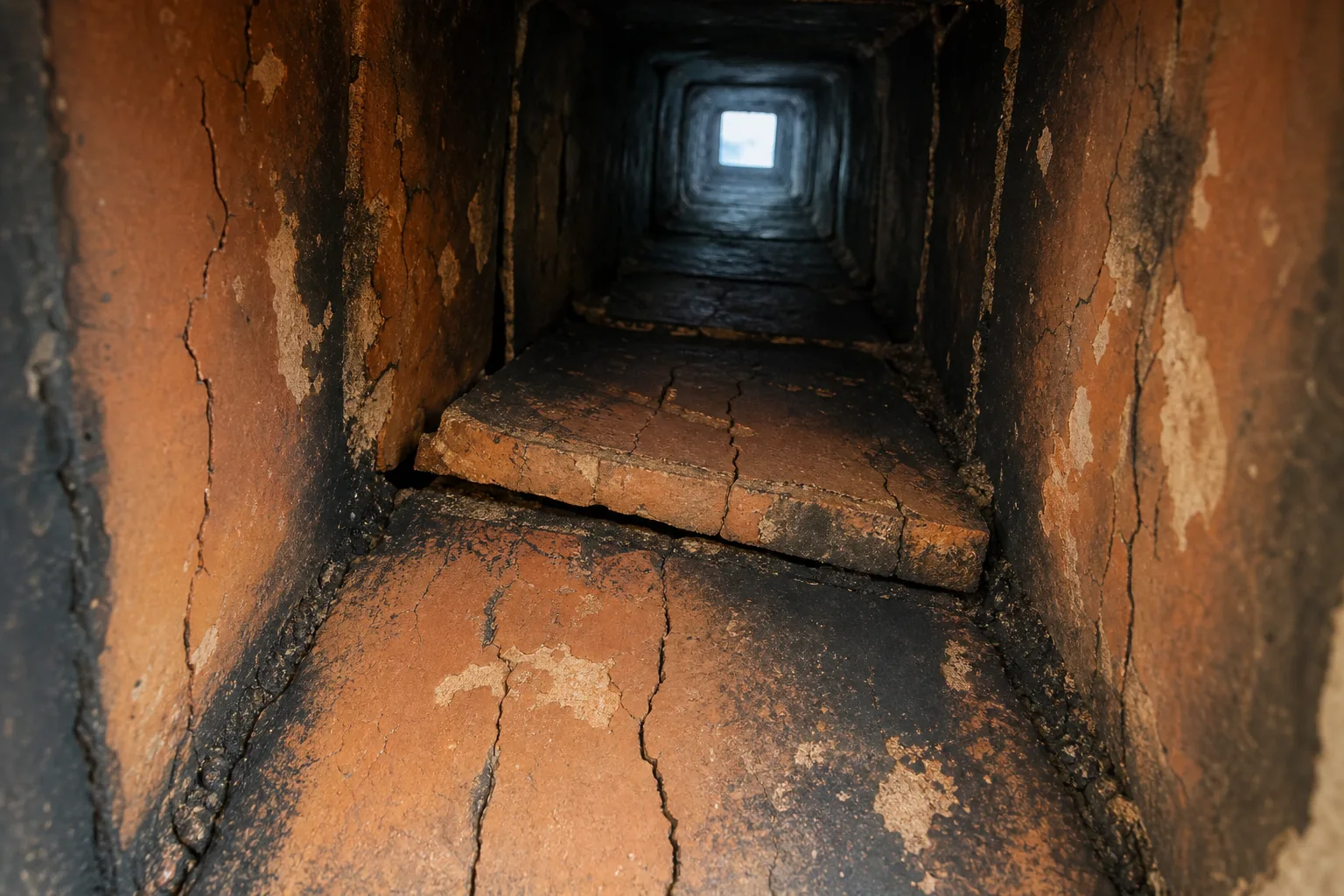 inside of a chimney showing a cracked and spalled clay flue tile liner in typical failed condition