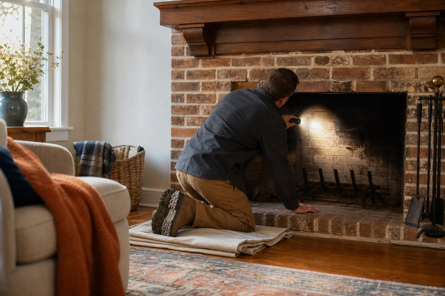 inside of a chimney being checked with a flashlight from the hearth by a homeowner