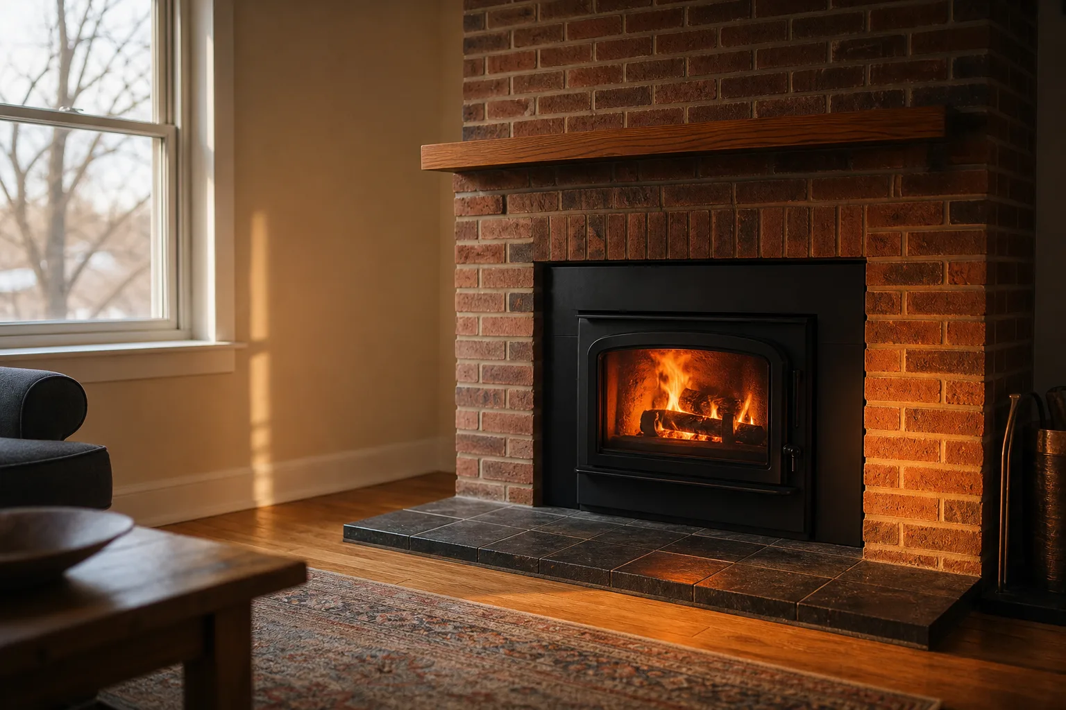 Fireplace inserts wood burning unit installed in a red brick masonry fireplace with the fire lit