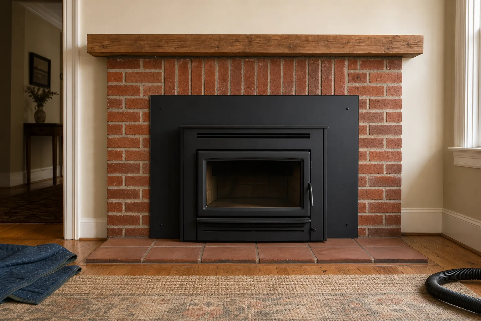 Fireplace inserts wood burning unit in place with the surround panel fitted, the same fireplace after conversion