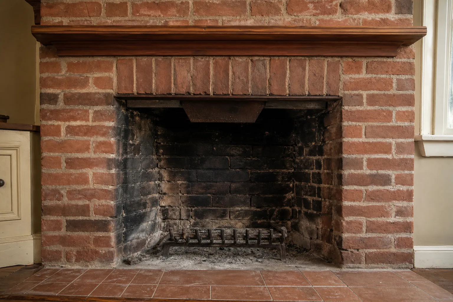 Fireplace inserts wood burning conversion starts here, an open masonry firebox in typical sooted condition