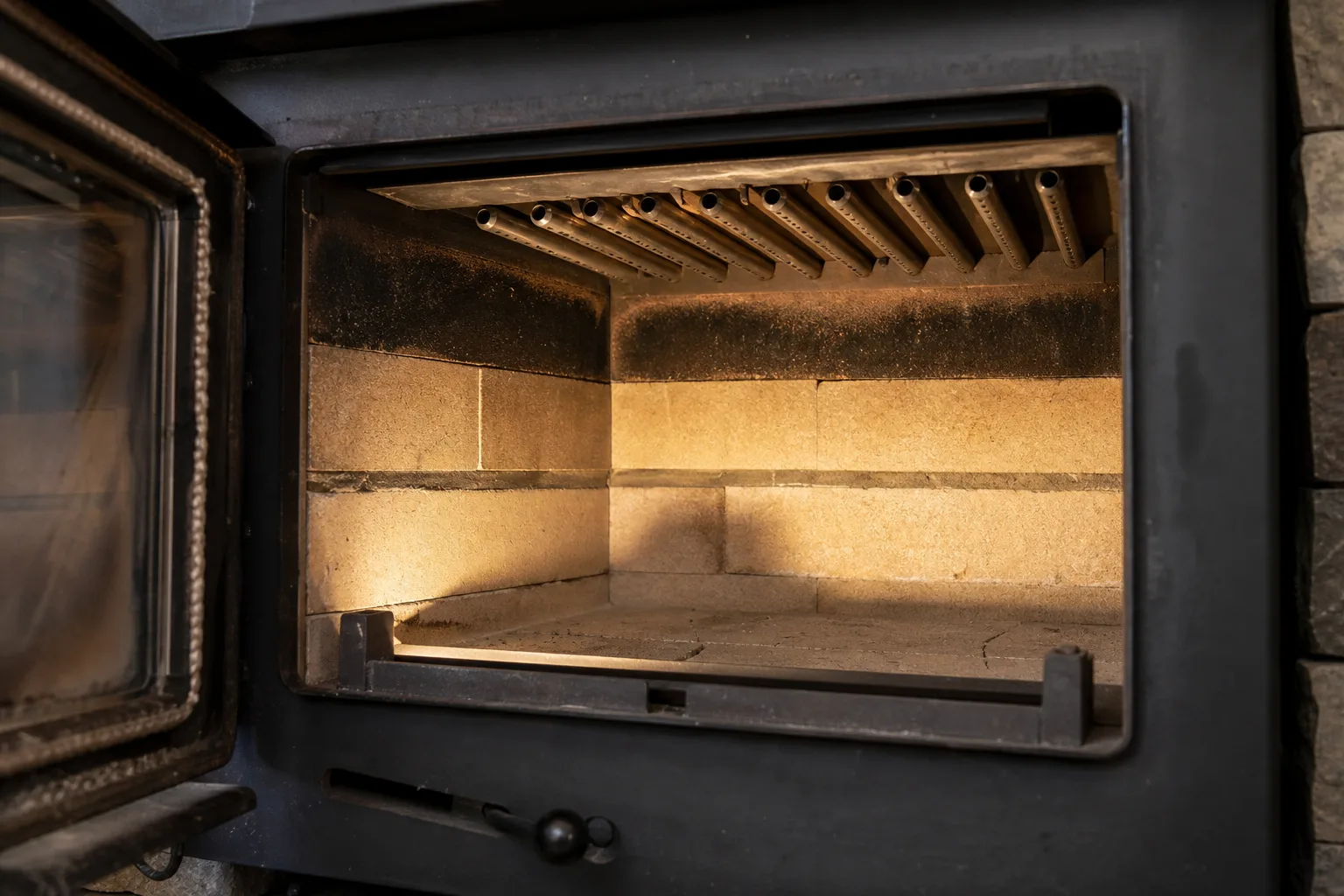 Fireplace inserts wood burning firebox interior showing firebrick and stainless secondary air tubes