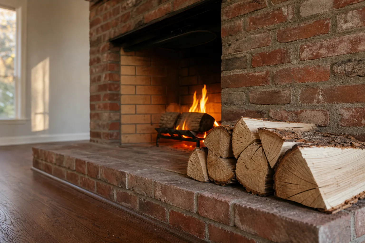 Can you burn pine in a fireplace: split pine stacked on the hearth beside a burning open masonry firebox