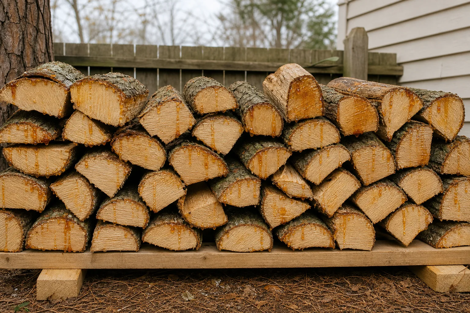 Can you burn pine in a fireplace: green split pine with tight bark and pitch beading at the cut ends
