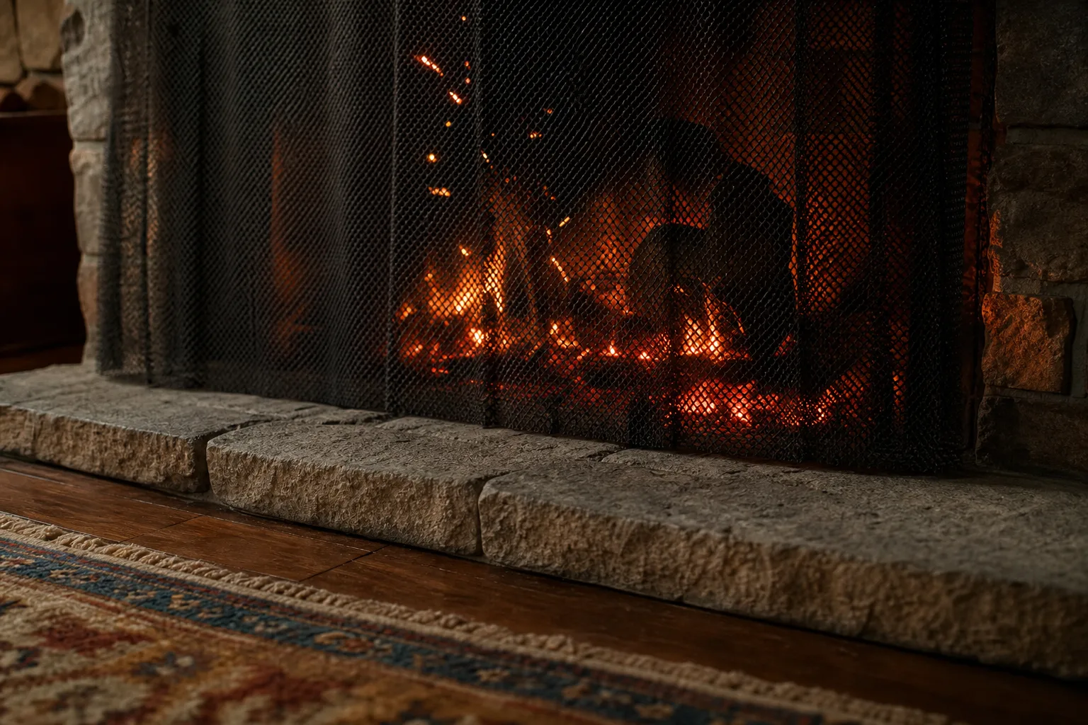 Can you burn pine in a fireplace: mesh fireplace screen catching sparks in front of a hearth extension