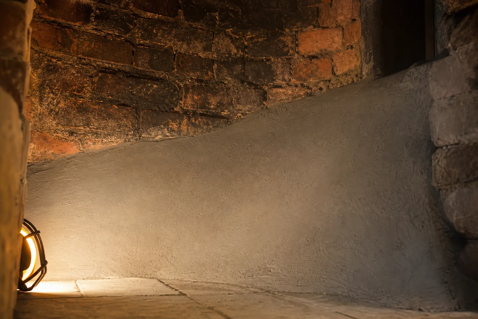 Smoke chamber repair, after: the same wall parged smooth with grey refractory mortar, the corbel steps gone