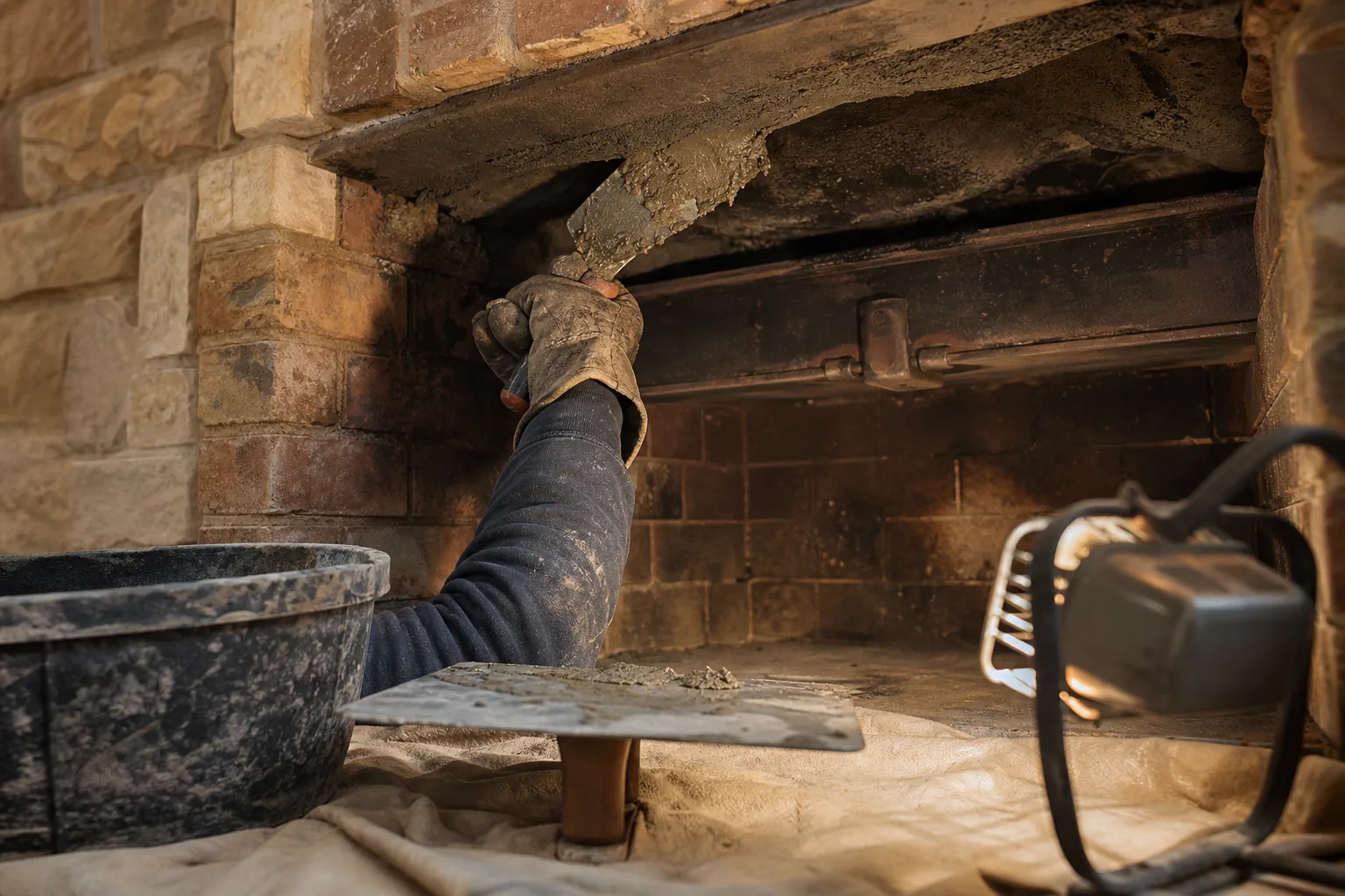 Smoke chamber repair in progress: refractory mortar troweled by hand up through the fireplace opening into the throat