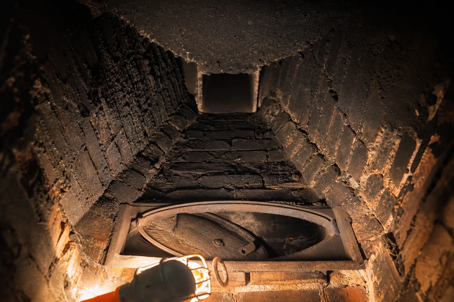 Smoke chamber repair target: looking up past the damper into the sooted inverted funnel of brick that narrows toward the flue