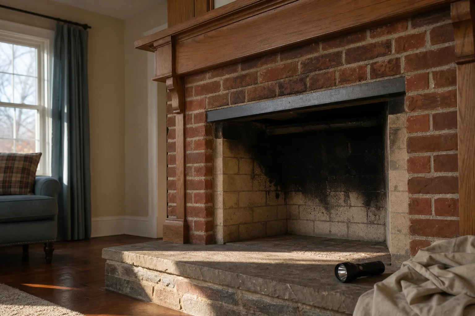 Smoke chamber repair starts here: an open masonry fireplace with the damper visible in the dark throat above the firebox