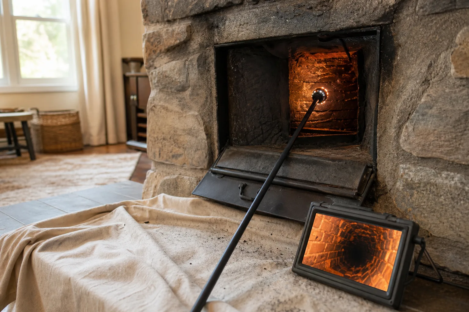 An inspection camera fed up through the damper, the monitor on the hearth showing sooted brick inside the smoke chamber