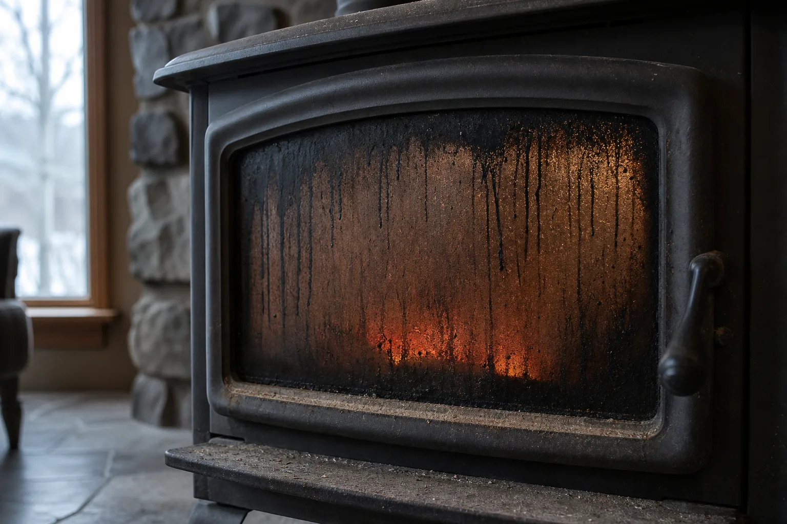 high efficiency wood stove glass blackened with creosote from a smoldering fire