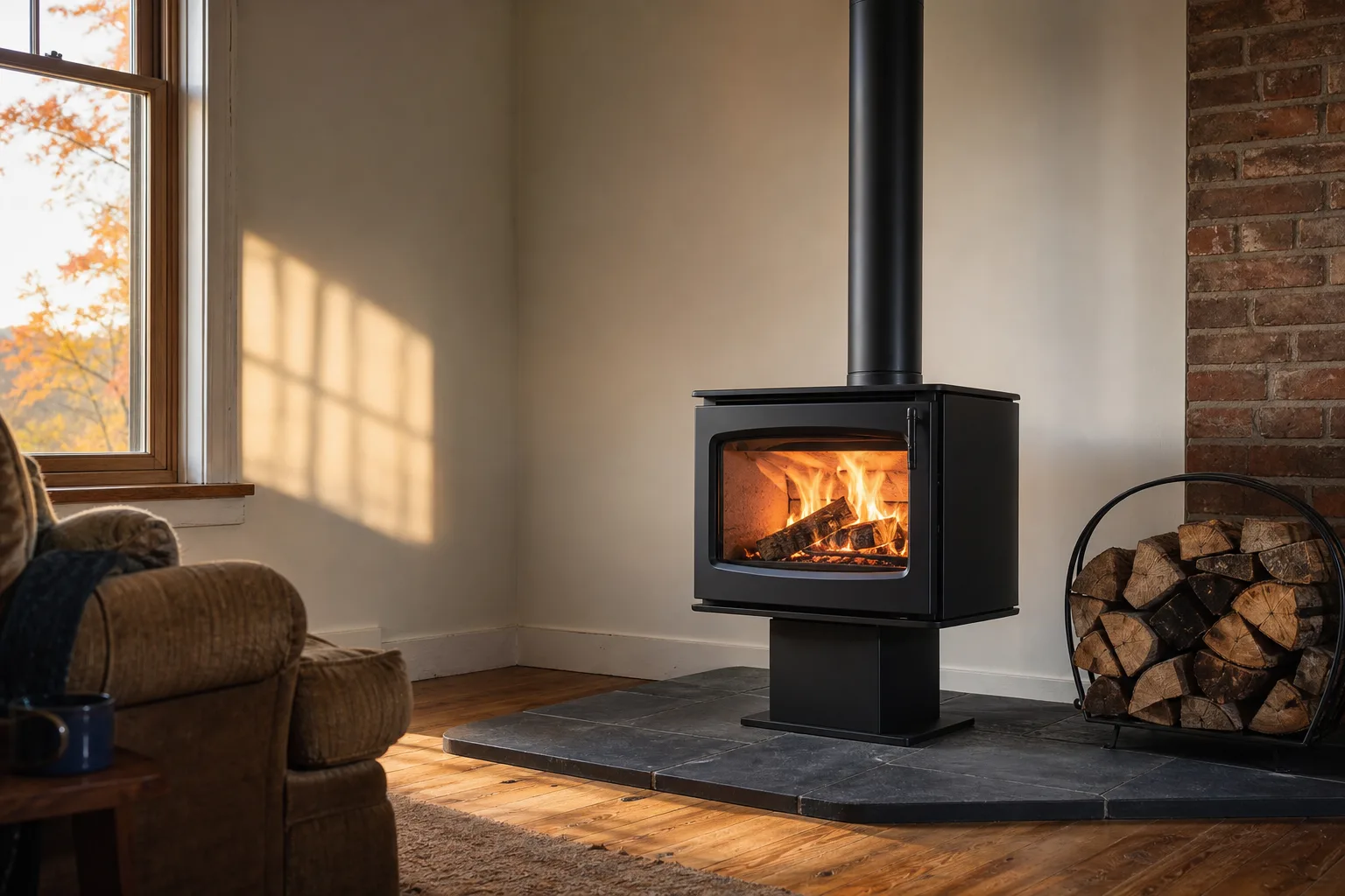 high efficiency wood stove installed on a slate hearth pad in a living room corner high efficiency wood stove installed on a slate hearth pad in a living room corner