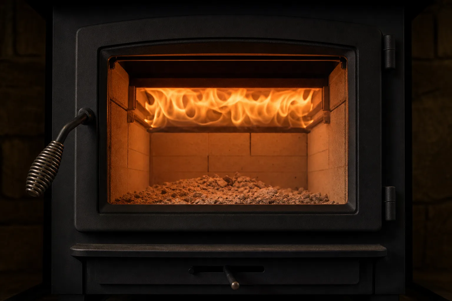 high efficiency wood stove glass door showing secondary combustion flames rolling across the firebox