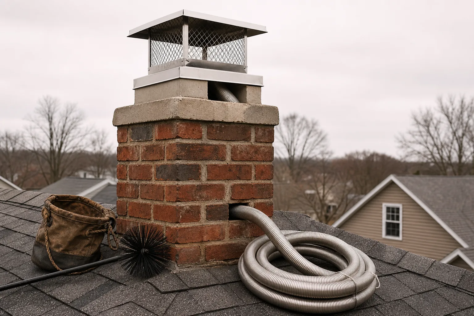 high efficiency wood stove chimney work, stainless steel liner and cap on a brick stack