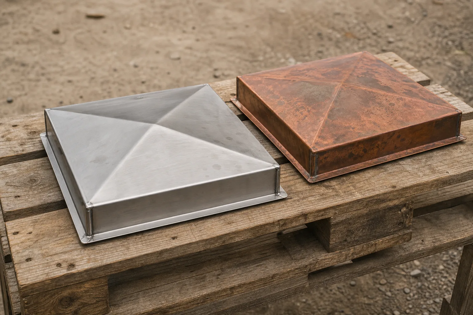 Chimney chase covers in 304 stainless steel and weathering copper showing cross breaks and welded corners
