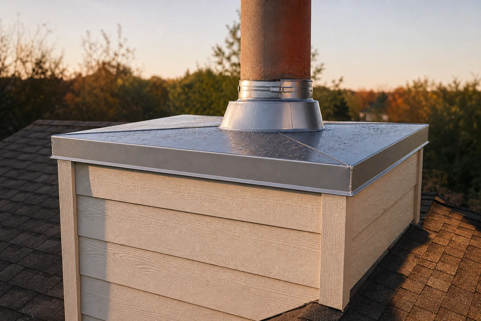 Chimney chase covers replaced with a one-piece stainless steel pan shedding water off the cross breaks