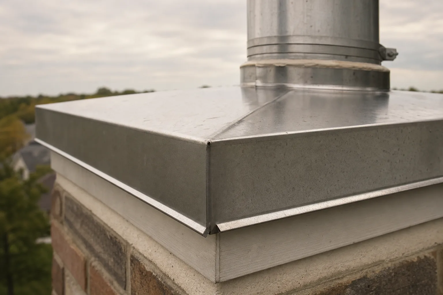 Chimney chase covers detail showing the skirt, drip edge, cross break, collar and storm collar