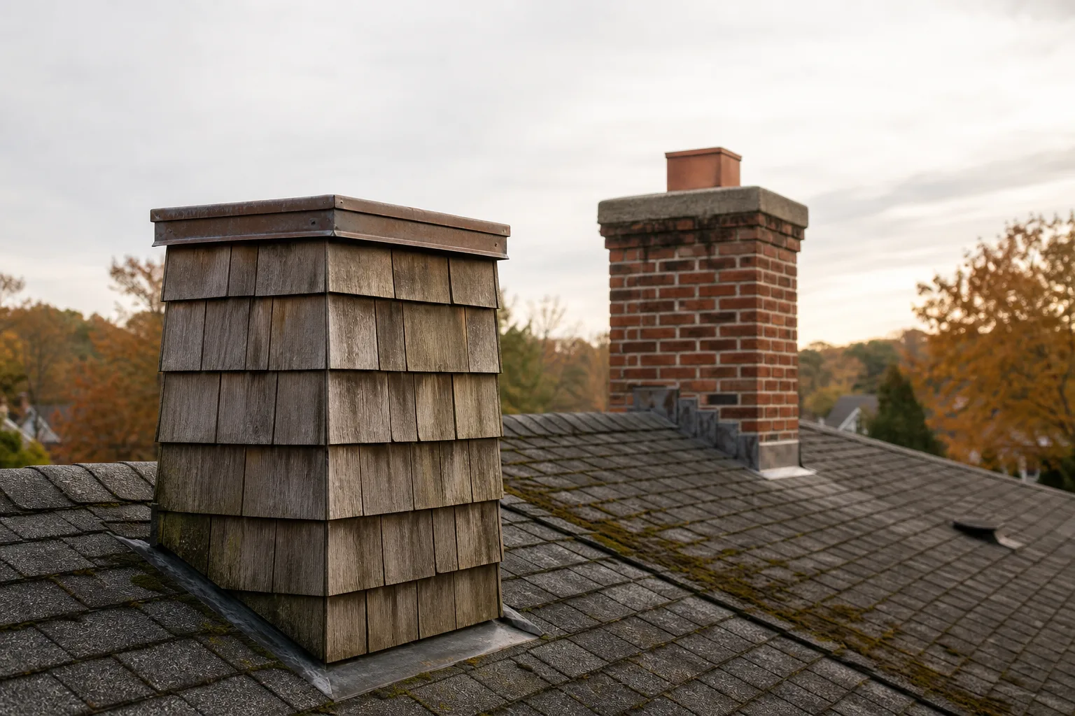 Chimney chase covers on a framed chase compared with a brick masonry chimney and crown