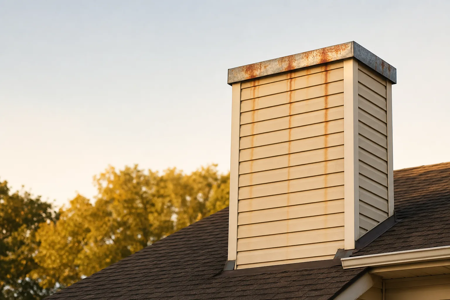 Chimney chase covers rusting on a sided chimney chase with orange streaks down the siding