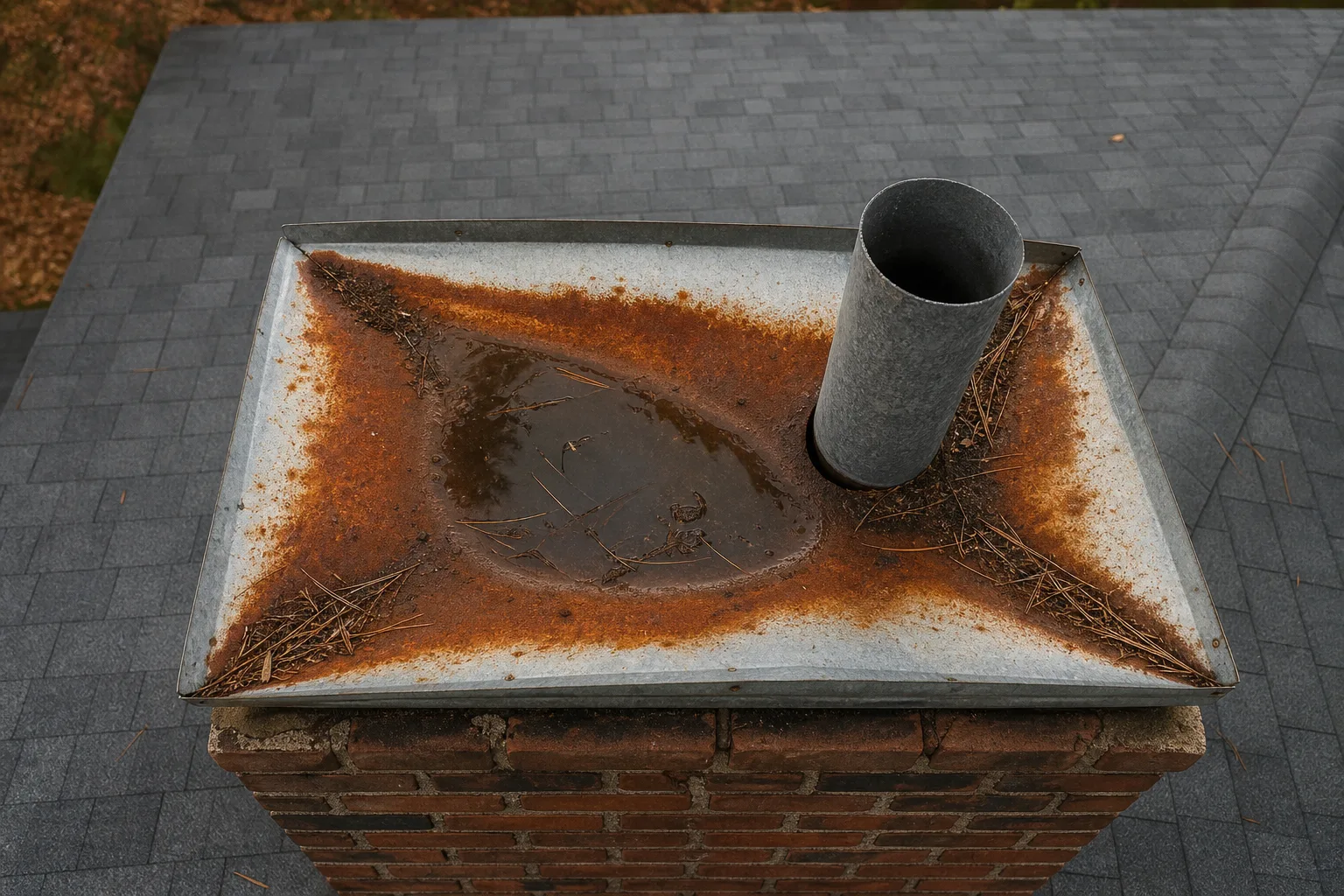 Chimney chase covers in typical failed condition with standing water and rust spreading from the center