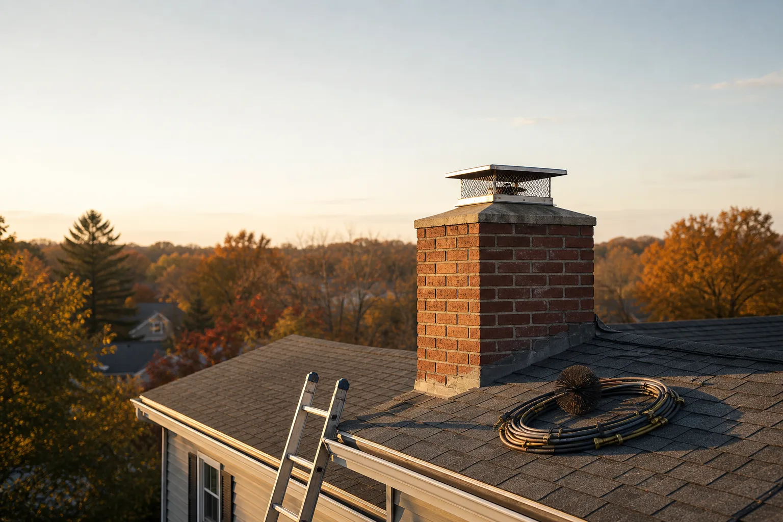 Chimney service setup on a residential roof, with rods and brush beside a brick chimney at golden hour