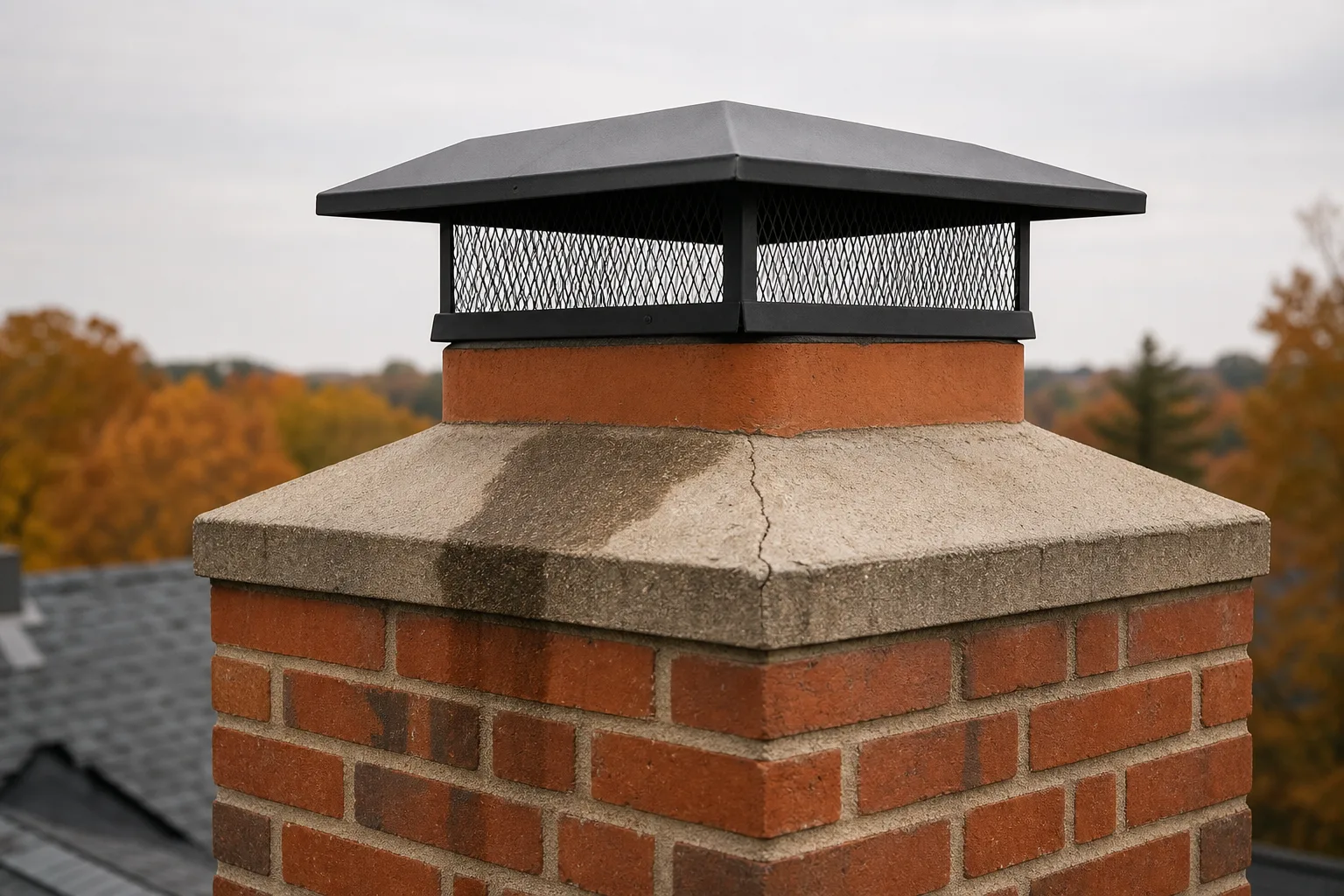 Chimney service parts on a masonry stack: the mesh cap, clay flue tile, and sloped mortar crown