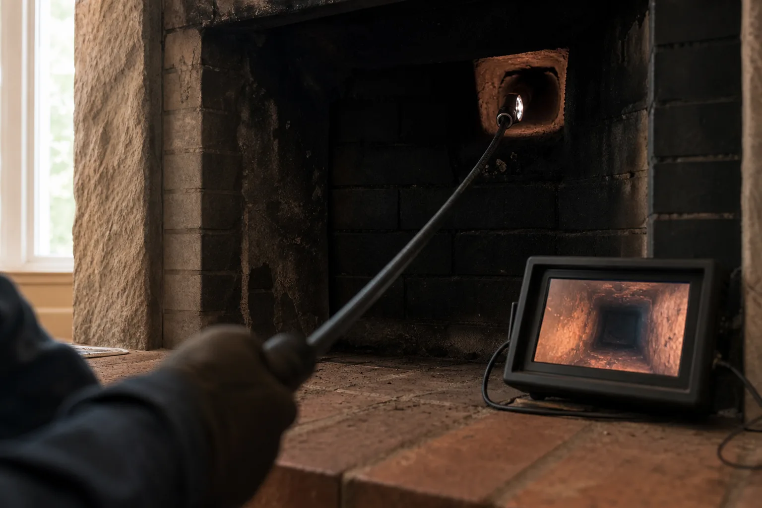 Chimney service inspection camera on a rod being fed up the flue from the firebox
