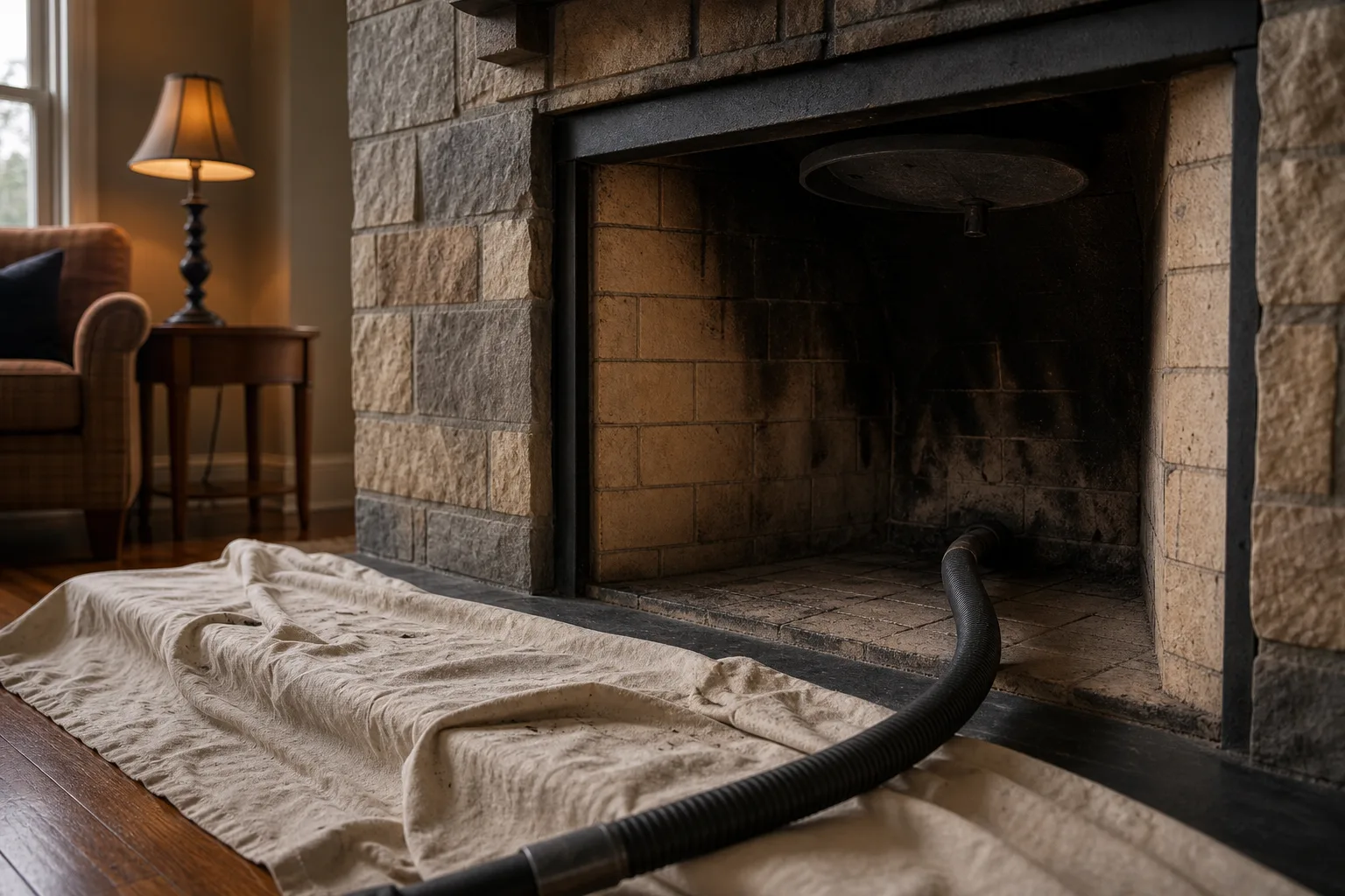 Chimney service preparation inside a home, with a drop cloth and vacuum hose at a sooted firebox and damper