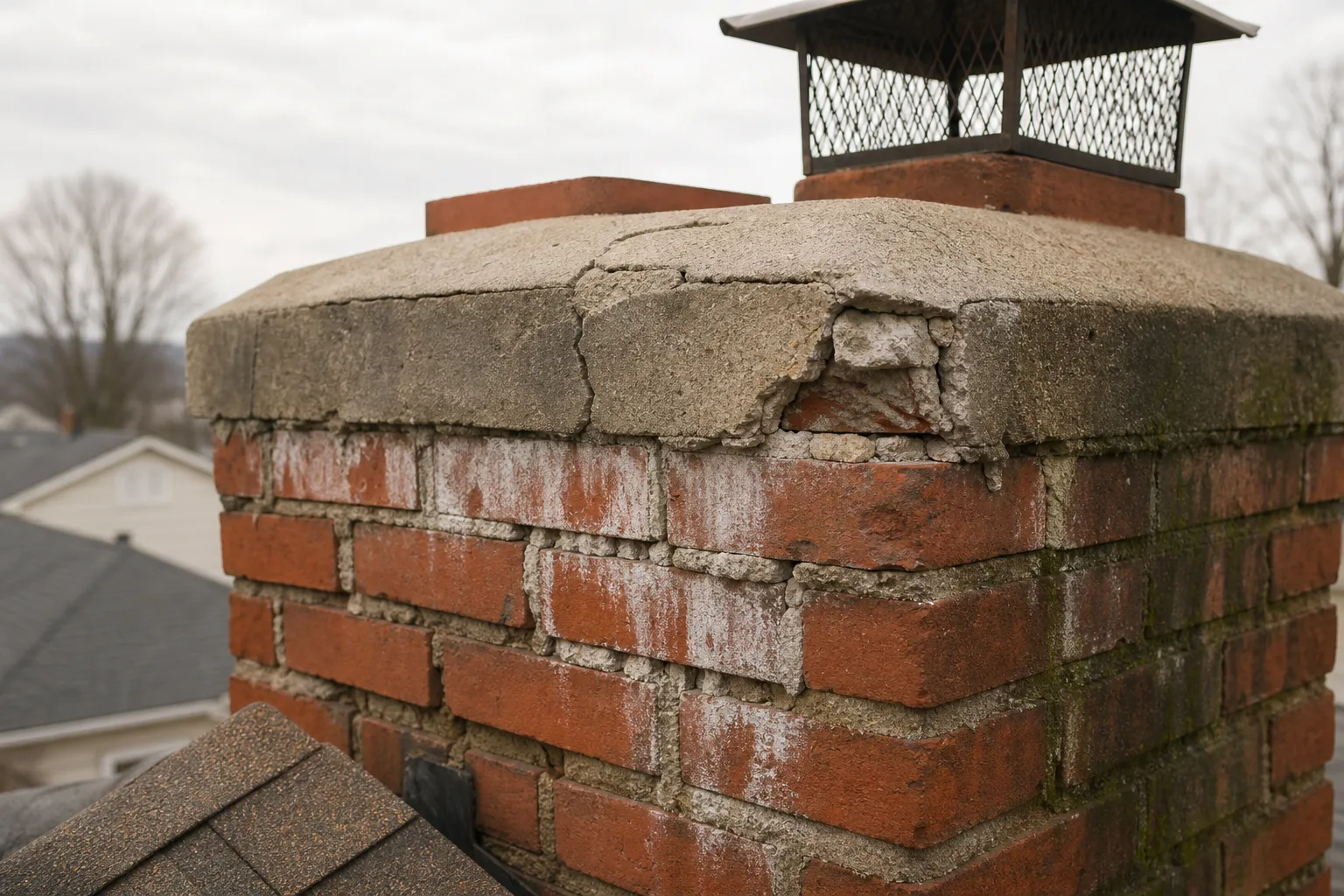 Chimney service before condition: a cracked, spalled chimney crown with efflorescence on the brick