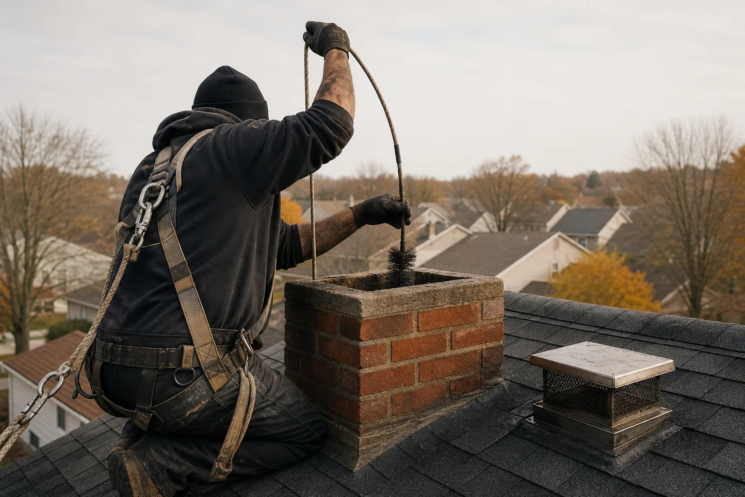 Chimney service on the roof, a sweep feeding rod and brush into a brick flue while roped to the ridge