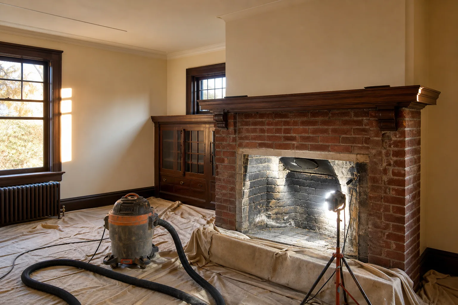 Fireplace restoration in progress in a 1940s living room, brick firebox open with drop cloths and a work light