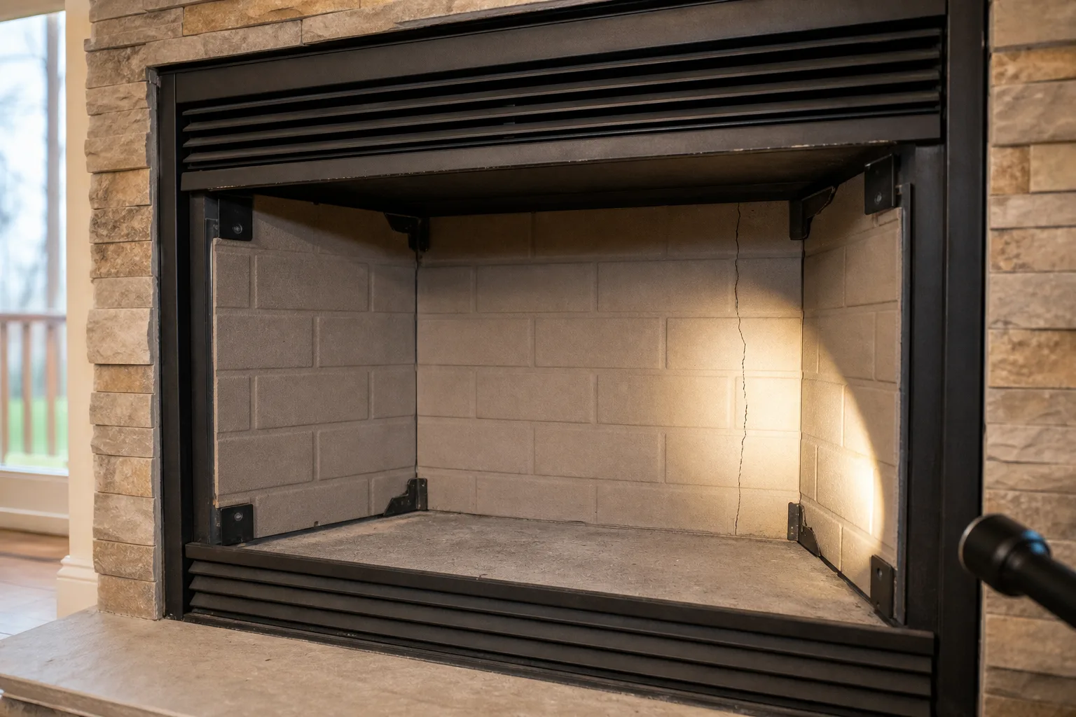 Fireplace restoration of a factory built prefab firebox showing molded refractory panels with a cracked side panel